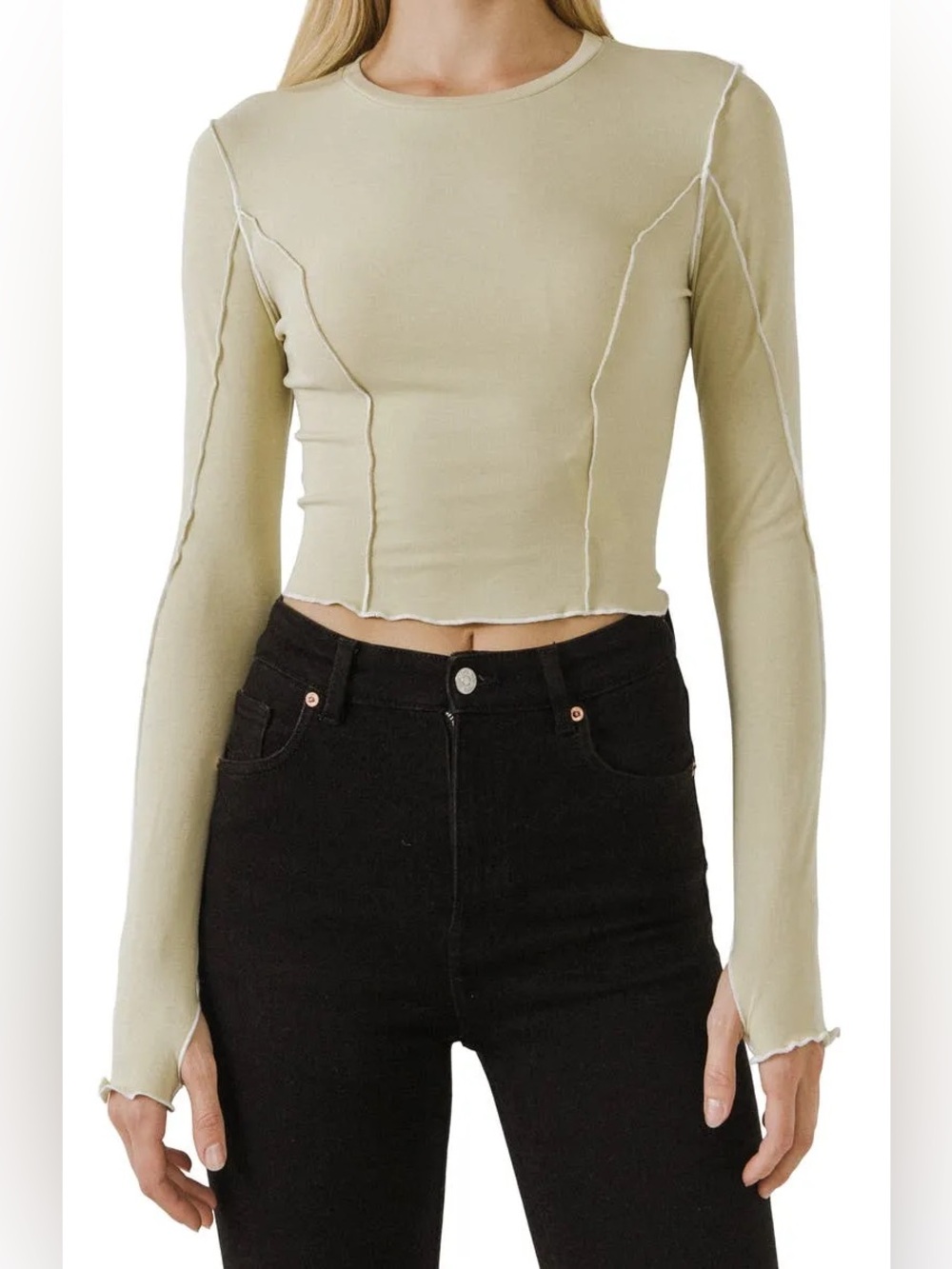 Grey Lab Los Angeles Pistachio Contrast Seam Long Sleeve Top NWT XS